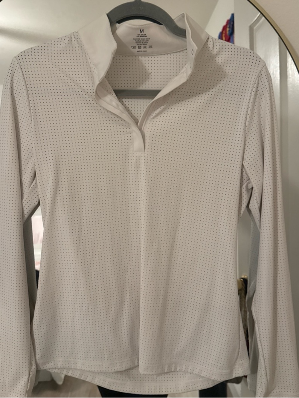 White Long Sleeve Polo Top with Subtle Dot Texture